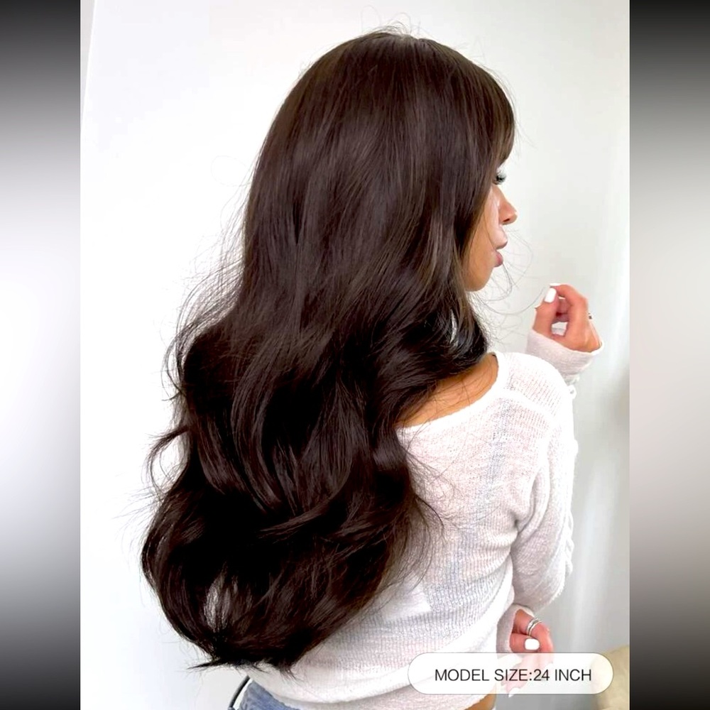 24 inch long Black Brown with Bangs - Natural looking and easy to style and wear